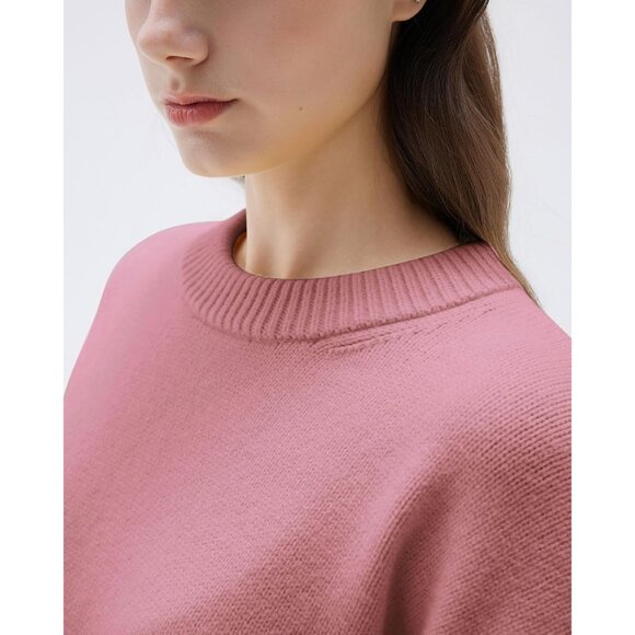 Women Cashmere Blend Oversized Crew Neck Pink Rose Soft Warm Pullover Sweater - Picture 3 of 5